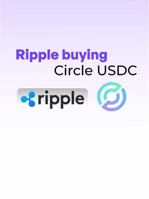 An image with a gradient background, transitioning from purple to white. In the center, overlaid text spells out "Ripple buying Circle USDC" in a bold, sans-serif font. Below, the Ripple logo is on the left and the Circle USDC logo on the right. The logos are positioned on a white background.