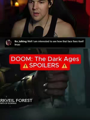 The image shows a man in the upper section, with text overlays covering the rest. He is centered, looking towards the viewer with a backdrop of a gaming setup, with a microphone in front of him. The lower section of the image has a gameplay scene from 'DOOM: The Dark Ages'. The layout is divided between creator reaction and game footage.