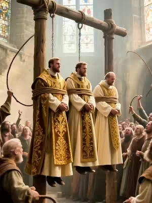 The image depicts three men in religious garments being hanged from a wooden structure. A crowd of people is gathered below, some with hands raised as if in witnessing or condemnation. The scene unfolds in what appears to be a church setting, indicated by the stained-glass windows and architectural details. The overall impression is one of religious conflict or historical persecution.