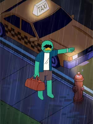 An animated image presents a green creature with sunglasses standing on a sidewalk in the rain. A yellow taxi cab is in the background, and a red fire hydrant is in the foreground. The creature is holding luggage and gesturing toward the cab.
