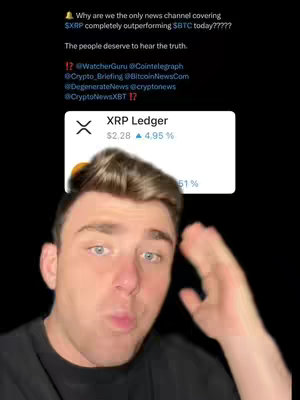 A man in a black t-shirt looks at the camera with an excited expression. Text overlays and a chart showing the value of XRP on the blockchain are present on the image.
