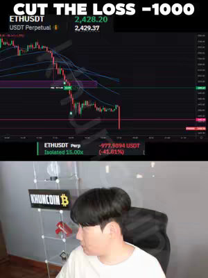 The image shows a man in the lower right corner, looking off to the side. The top portion of the image displays a stock chart with a red and green candlestick.