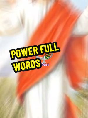 The image features a blurred background evoking light and motion, with an overlaid text overlay. The focus is on the words 'POWER FULL WORDS,' presented in bold, yellow, and slightly curved text. A small logo depicting a dove or bird is placed in the lower right corner of the word 'WORDS' alongside a smaller text 'peace', also in yellow, against a blurred background.