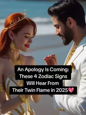 A romantic image with a man and woman in elegant attire. The woman has red hair, a gold crown, and a white dress with gold accents. The man is in a white suit with a gold chain, gazing at her. Text at the bottom reads, 'An Apology Is Coming: These 4 Zodiac Signs Will Hear From Their Twin Flame in 2025', with a pink heart emoji in the background, which is a seaside background.