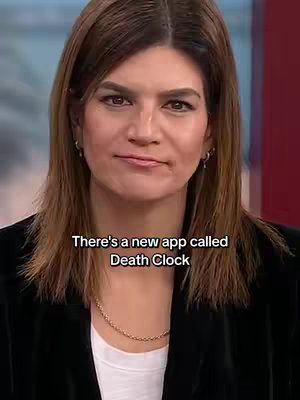 A woman with brown hair and a black blazer is in the foreground. Text overlayed reads "There's a new app called Death Clock".