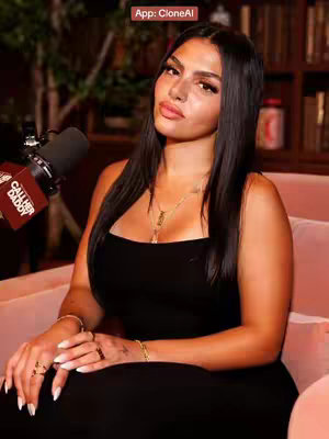A woman with long black hair is seated on a pink couch. She is wearing a black top and has several gold rings and bracelets. A microphone with a logo that says 'Call Her Daddy' is in the frame. The background has a bookshelf.
