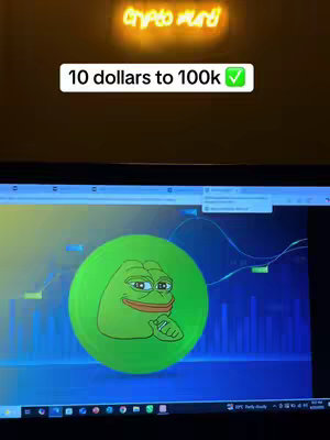 The cover image shows a computer screen displaying a background with blue and white lines, resembling a financial chart. In the center, a green circle contains a cartoon image of Pepe the Frog with its hands placed like it is thinking or praying. The text overlay says '10 dollars to 100k ✅' in a white rectangular box. A neon sign above the screen displays the words 'crypto murti'.