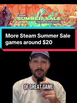 The cover image is a vertical shot featuring a split layout. The upper part displays a vibrant illustration against a gradient background, depicting a Steam Summer Sale scene with figures near what looks like a portal or game interface. The lower part shows the creator against a black background, with a light skin tone, short dark hair, and a beard, wearing a baseball cap and white collar. The main text overlay is designed to highlight the content associated with Steam Summer Sale.