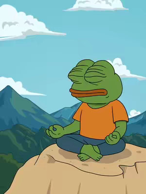 An illustration shows Pepe the frog meditating on a rock. The background features mountains, sky, and clouds.