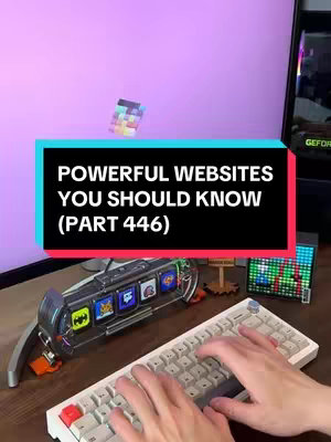 The image shows a desktop setup with a keyboard, an LED display, and a computer screen in the background. A black and red rectangular text box reads 'POWERFUL WEBSITES YOU SHOULD KNOW (PART 446)'. The hands are typing on the keyboard.
