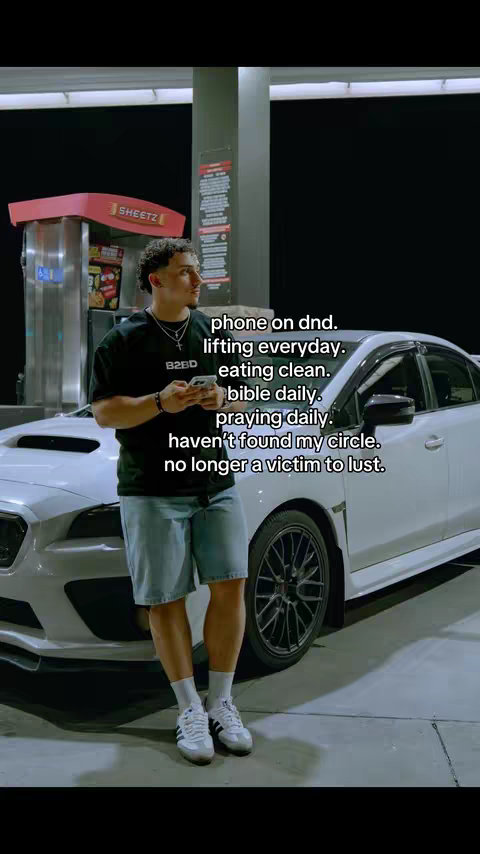 A young man stands at a gas station, leaning on a silver car. He is wearing a black t-shirt, light blue shorts, and white sneakers. The gas station has a red and white awning with the Sheetz logo at the top. Text overlays on the image list a few things the person is not doing.