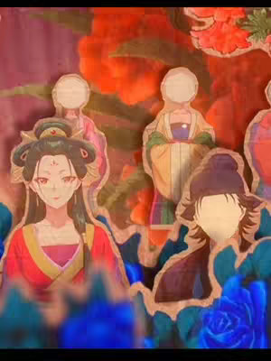 The image features a collage of anime-style characters layered over an abstract floral background. The characters, rendered with soft colors and clean lines, are cut out with a white offset, emphasizing their form. The background includes blurry swatches of orange, red, and blue, with floral patterns. The overall composition has a warm, inviting feel, and the layering creates a sense of depth and visual interest.