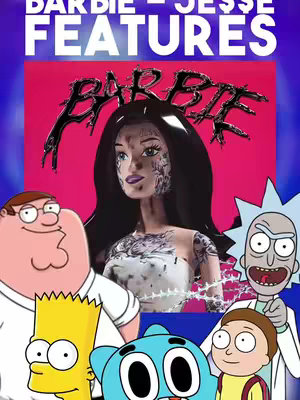 The cover image features a Barbie-like doll with tattoos, overlaid with text and surrounded by cartoon characters including Peter Griffin, Bart Simpson, Gumball, Rick, and Morty. The background has a mix of blue and pink colors.