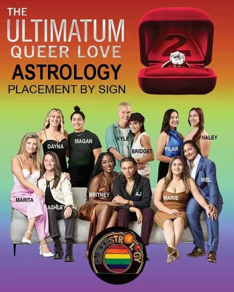 The image is a promotional graphic for a series called "The Ultimatum: Queer Love," themed around astrology. The background gradient transitions from green to orange and yellow. At the top-right is a large, red velvet ring box, slightly open to reveal a diamond engagement ring. Below the ring box, the title text is in a bold, stacked, sans-serif font: "THE ULTIMATUM"; then, "QUEER LOVE" is smaller and less bold; and lastly, "ASTROLOGY PLACEMENT BY SIGN," in a similar font to the title, but smaller. The image contains photos of various cast members from the show at the bottom middle. Names of cast members are written below them. There's a Queer Astrology insignia at the center-bottom of the image, the astrological wheel rainbow logo is on top of the logo.