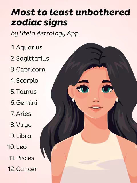 A stylized illustration with a light pink background. The image features a woman with dark hair pulled back, wearing a white top, and a list of zodiac signs from most to least unbothered. The text is in a bold, sans-serif font with the title in a larger font.