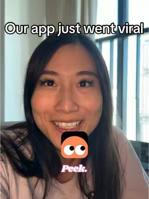 A selfie-style cover image featuring a smiling woman with long, dark hair. Overlaid on the image is text that says 'Our app just went viral' and the app's logo featuring two cartoon eyes on an orange circle above the app's name, 'Peek.', written in pink.