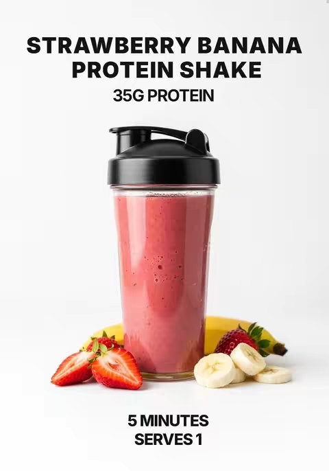 The cover image features a protein shake in a clear shaker cup, positioned against a white background. To the left, there are sliced strawberries, and to the right, sliced bananas. Key details are printed in text at the top and bottom, indicating the shake's name and nutritional highlights.
