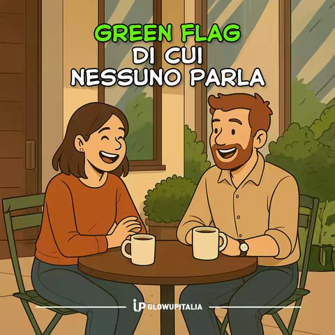 An illustrated image shows a couple sitting at a table outdoors. The woman on the left has brown hair and is smiling. She wears a brown sweater. The man on the right has brown hair and a beard and is also smiling. He wears a light brown shirt. There are two cups on the table and they are both sitting in front of a building with a window behind them. There is a tree or bush to the left of the window. There is a logo at the bottom of the image.