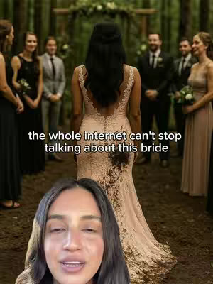 The cover image is a split view, featuring a person in the lower foreground and a wedding scene in the background. The foreground shows a woman's face, a close-up from the chest up, smiling at the camera. Behind her, a formal wedding ceremony. In the focus of the shot is a woman in an elegant wedding gown, viewed from the back, positioned at the center of a forest setting. The wedding party and guests are blurred around her creating a sense of depth. The lighting is soft, ambient, suggesting a daytime outdoor setting. Overlaid in the background is the text: 'the whole internet can't stop talking about this bride'.