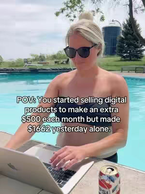 A woman in sunglasses and a bun sits next to a pool with a laptop and a soda can, the text overlay is in white font.