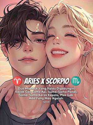 An digitally illustrated image features two anime-style characters, a man and a woman, embracing each other. The man, on the left, has dark hair and is looking down, while the woman on the right has blonde hair and is smiling with her eyes closed. Below the characters, text in white with a black outline reads "ARIES X SCORPIO", flanked by the Aries and Scorpio zodiac symbols, all set against a gradient background.