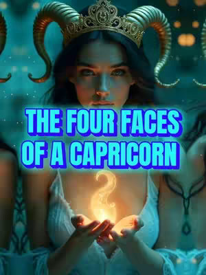 The image features a woman centered with a tiara and horns, the text overlayed says: 'THE FOUR FACES OF A CAPRICORN'. She is holding what appears to be a light/fire in her hands. The color palette is cool, with blues and greens in the background.