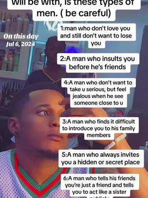 A selfie-style video showing a man looking at the camera with overlaid text listing types of men to be careful of. The man is in the foreground, and a woman is blurred in the background. The text is in white boxes and provides numbered points.