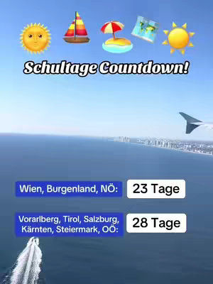 The cover image features a sunny beach scene. Above, there are five emoticons: a smiling sun, a sailboat, a beach umbrella on an island, a map, and another smiling sun. The text "Schultage Countdown!" is displayed above the emoji. Below this, there are two rectangles with text, one with "Wien, Burgenland, NÖ: 23 Tage" and the other stating "Vorarlberg, Tirol, Salzburg, Kärnten, Steiermark, OÖ: 28 Tage". The overall color scheme is blue, with a gradient sky.