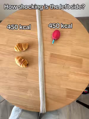 The image shows a top-down shot of a wooden table with two croissants on the left side and a red lollipop on the right side. Separating the two sides is a white woven strip. Above the croissant is text that reads "450 kcal", which is the same as the lollipop. The overall layout is a comparison of food items, with calories labeled.