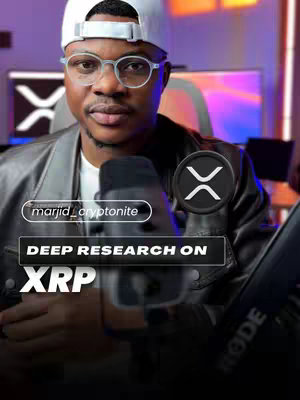 The cover image features a man in a white cap, glasses, and a leather jacket, seated in front of a blurred background with monitors. Overlay text indicates the video's focus on deep research regarding XRP, accompanied by a logo in the corner. A microphone is visible.