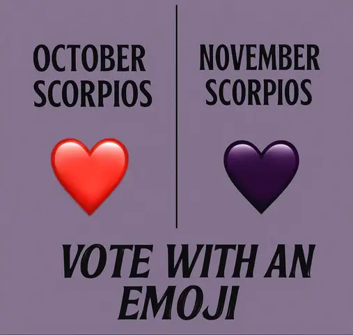 Image with a lavender background. It is divided into two vertical sections, each with text and an emoji heart. The left side says "OCTOBER SCORPIOS" above a red heart emoji. The right side says "NOVEMBER SCORPIOS" above a purple heart emoji, with text at the bottom: "VOTE WITH AN EMOJI".  The text is large, in a bold font.