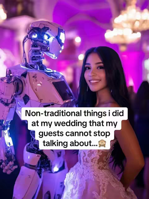 A woman in a white wedding dress stands next to a silver robot in a wedding setting. The background is blurred with purple and pink ambient lighting. Text overlay states a list of non-traditional things done at the wedding