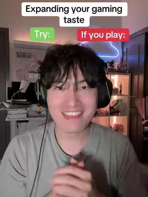 A young man smiles at the camera with a gaming headset on, set against a room with shelves. The image is overlaid with text boxes prompting the viewer to consider expanding their gaming tastes.