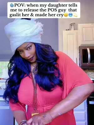 The cover photo shows a woman with purplish-blue hair, wearing a chef's hat and a coral-colored dress. Overlay text at the top has the POV text.