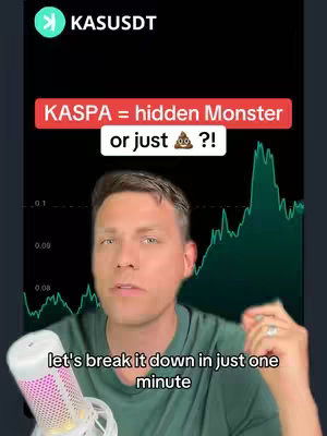 A man in a green shirt looks towards the camera with a microfone in the foreground. Behind him, a chart, color bars, and text overlays reading KASPA = hidden Monster or just poop ?! and let's break it down in just one minute.