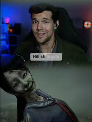 The cover image is split, with the creator at the top and a horror character at the bottom. The creator, a man with dark hair and a beard, is smiling and looking at the viewer. He has earbuds in and appears to be in a gaming or streaming setup. Below him is a horror-themed character, a pale-skinned girl with messy hair and an unsettling expression, in a school uniform. A rectangular text overlay is also added.