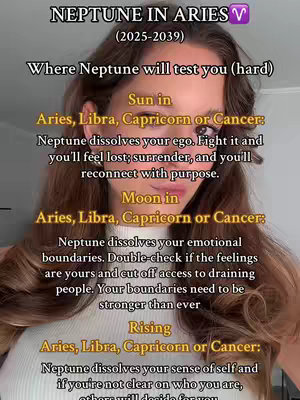 The cover image features a woman with long dark hair styled in soft waves, looking towards the camera. She wears a white top, with parts of the shoulders being captured. Text is overlaid to provide information about Neptune in Aries