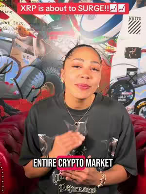 A woman is centered in the frame, wearing a black t-shirt and a necklace. Behind her is a vibrant background with graffiti art and various images. Overlaid text at the top reads, 'XRP is about to SURGE!!' in red. A lower text box says, 'ENTIRE CRYPTO MARKET'.