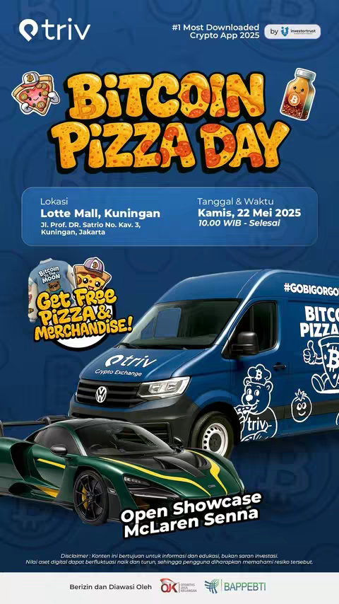 The image is a promotional graphic for a Bitcoin Pizza Day event. The background is a gradient of dark blue, transitioning to a lighter blue at the top. The text "Bitcoin Pizza Day" is prominently displayed in large, yellow, stylized text resembling pizza with pepperoni. Elements include cartoon pizza slice and jar of bitcoin-themed sauce icons. In the bottom area there are images of a green McLaren Senna and a dark blue van branded with the TRIV logo. The event details, including the date (May 22, 2025) and location (Lotte Mall, Jakarta), are listed in white text with a blue background.