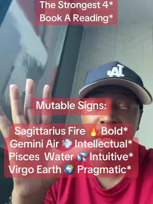 A person with a dark baseball cap smiles and holds up their hand towards the camera. Overlaying the person is text in a red box, with zodiac signs listed with their associated elements and traits.