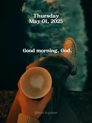 A first-person view shows a person's legs crossed, holding a cup of coffee, with text overlayed. The background is dark, with a blurred view of a sky. The person is wearing light-colored shoes and jeans. Overall the composition and color palette evokes a calm and peaceful mood.