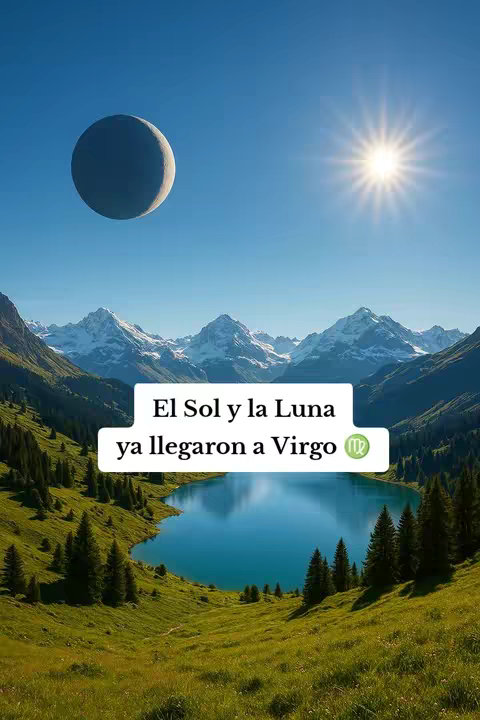 A picturesque landscape features a serene blue lake surrounded by lush green hills and majestic snowy mountains, under a clear blue sky. In the sky, there's a glowing sun on the right and a crescent moon on the upper left. A white box overlays the foreground with the text 'El Sol y la Luna ya llegaron a Virgo' and a Virgo zodiac symbol.