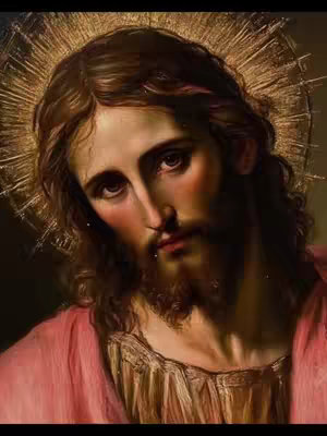 A portrait of Jesus Christ with a halo, he is looking at the viewer. The image features a warm color palette centered around the face. The lighting is focused, highlighting the details of the facial features and the surrounding gold halo.