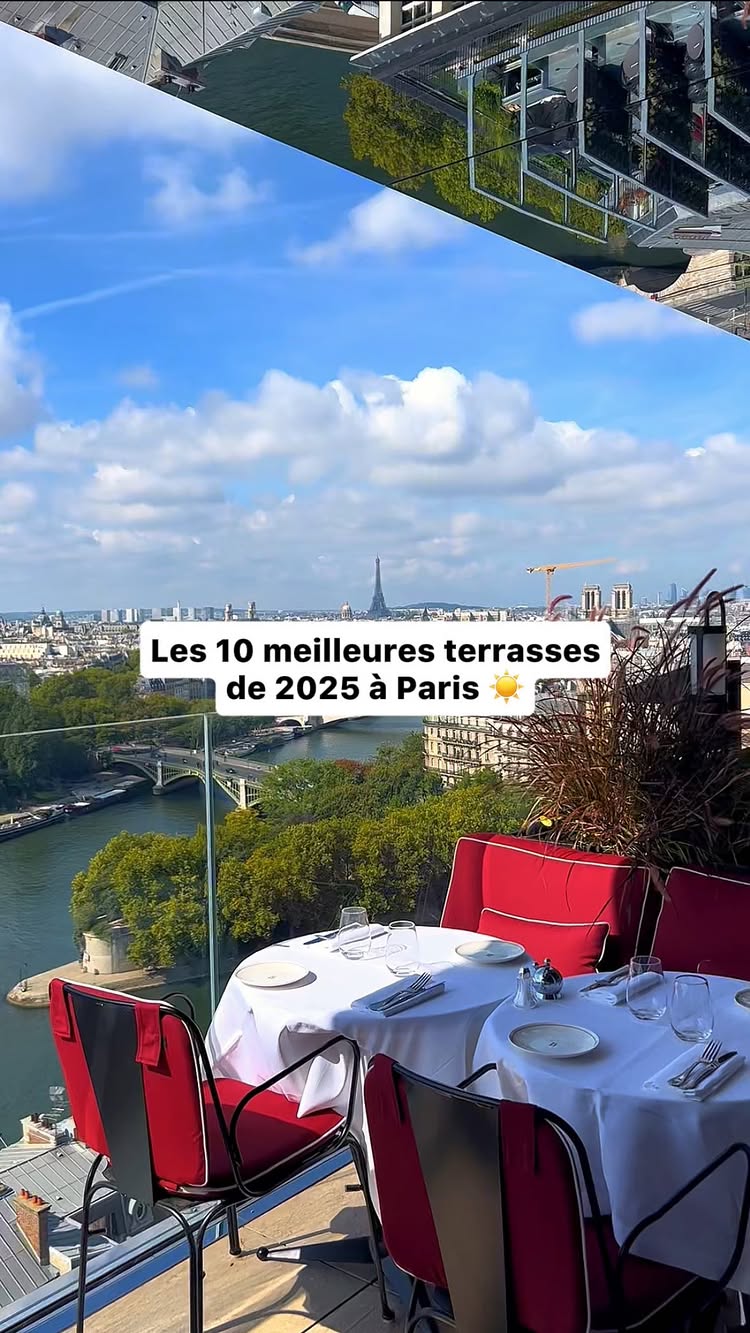 An aerial view showcases a rooftop terrace with tables set for dining. The tables are covered with white tablecloths and accompanied by red chairs, offering a view of a city skyline in the background with the Eiffel Tower visible. Above, a bright blue sky with scattered clouds fills the space.