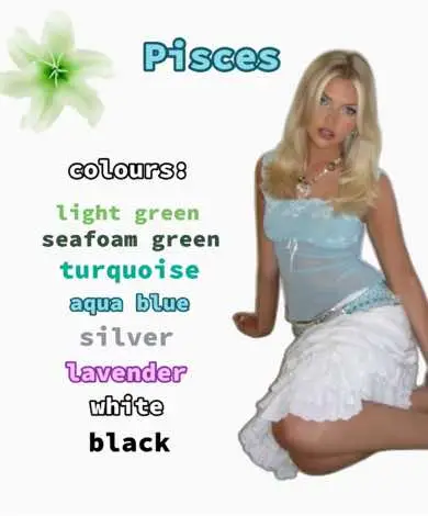 The image features a woman kneeling on a white surface, with text and a flower to the left. The woman is wearing a light blue top and white skirt, with blonde hair flowing over her shoulders. The text overlay lists colors associated with Pisces and the word Pisces.