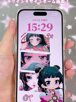 A vertical image shows a smartphone displaying a custom lock screen. The lock screen features a layered design with anime-style illustrations of a female character. The uppermost image is a character winking while applying makeup. The middle image shows the character's eyes with a hand covering part of her face. The lowest illustration displays the character with a different hairstyle and pose. Above the images is the date and time in a pink font that matches the image.