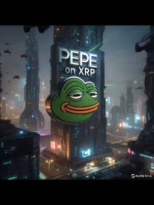 A futuristic cityscape at night with tall, stylized buildings and flying vehicles. In the foreground a stylized green frog, resembling Pepe the Frog, is superimposed on what appears to be information display, reading "PEPE on XRP". The overall color palette is dark with neon accents.