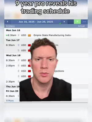 A selfie-style video with a man looking directly at the camera. Behind him is a screen displaying a trading schedule, with text overlaying the top of the image.