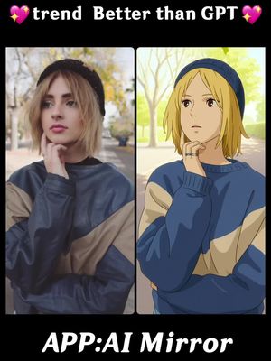 A split image showcasing a woman on the left and an anime-style illustration of her on the right. The woman is wearing a beanie, a sweater, and a jacket in a park setting. The anime character mirrors the woman's appearance. The top part of the image has a text overlay.