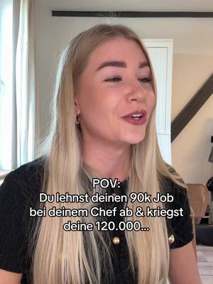A woman with long blonde hair is shown from the chest up, speaking to the camera. Text overlays indicate a point of view (POV) addressing a job-related decision. The background has a neutral, indoor setting suggesting a home or office environment.